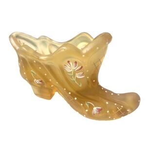 Fenton Amber Gold Hand Painted Slipper Shoe 95th Anniv.. Signed Michael Fenton